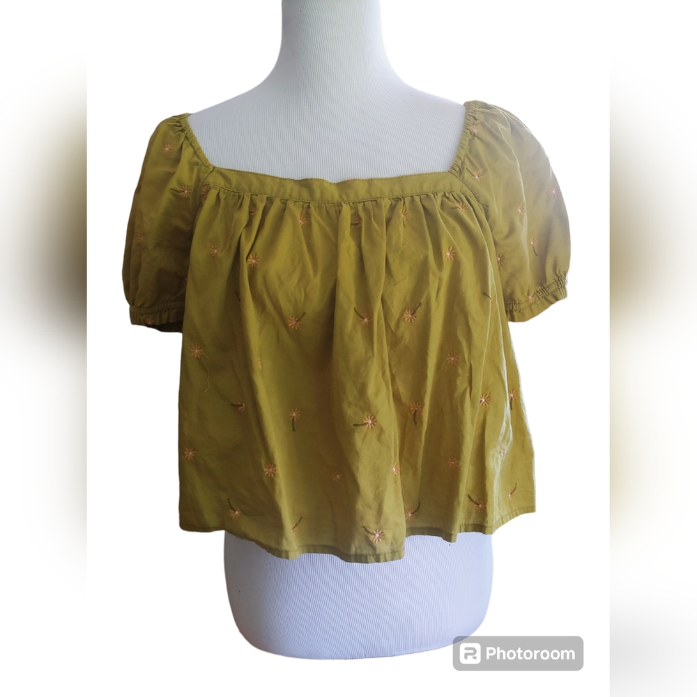 B2G1 FREE! Green Puff Sleeve Floral Embroidered Short Sleeve Cottagecore Top